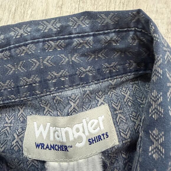 Vintage Wrangler Wrancher Shirt Men's Large Blue Snap Button Geometric Western - Picture 4 of 7